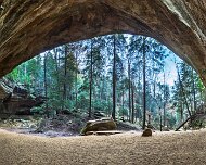 2019-11-17_21003_WTA_5D Mark IV-HDR-Pano Ash Cave, Hocking Hills State Park The horseshoe-shaped cave is massive; measuring 700 feet from end to end, 100 feet deep from the rear cave wall to its front...